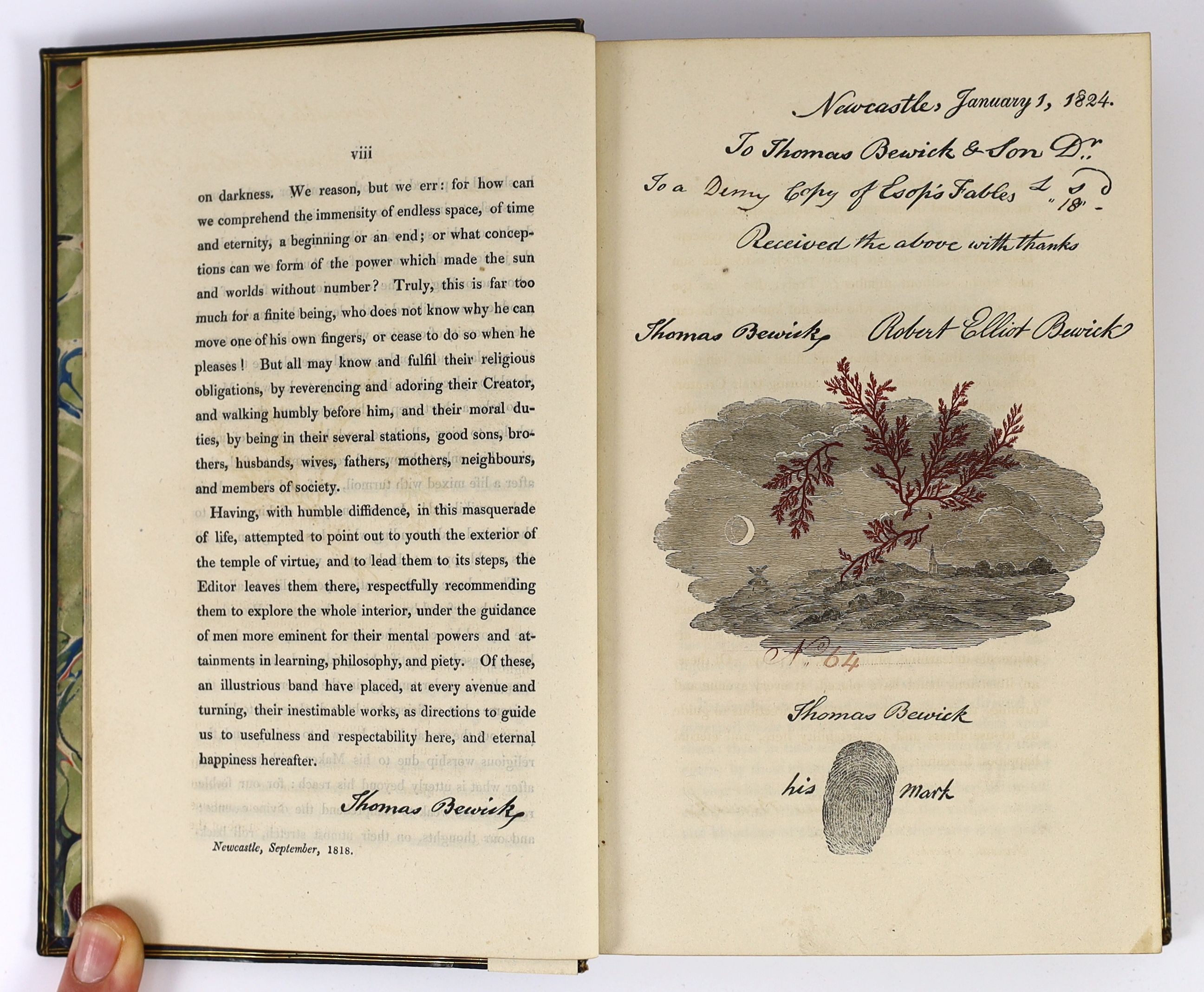 Bewick, Thomas - Fables of Aesop and Others, 2nd edition, with facsimile thumbprint, numbered 64, 8vo, blue calf gilt bordered, Newcastle, 1823